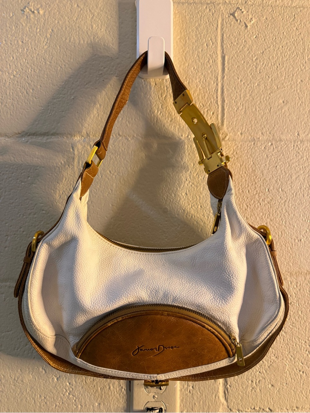 Junior Drake White and Brown Leather Shoulder Bag with Gold Hardware